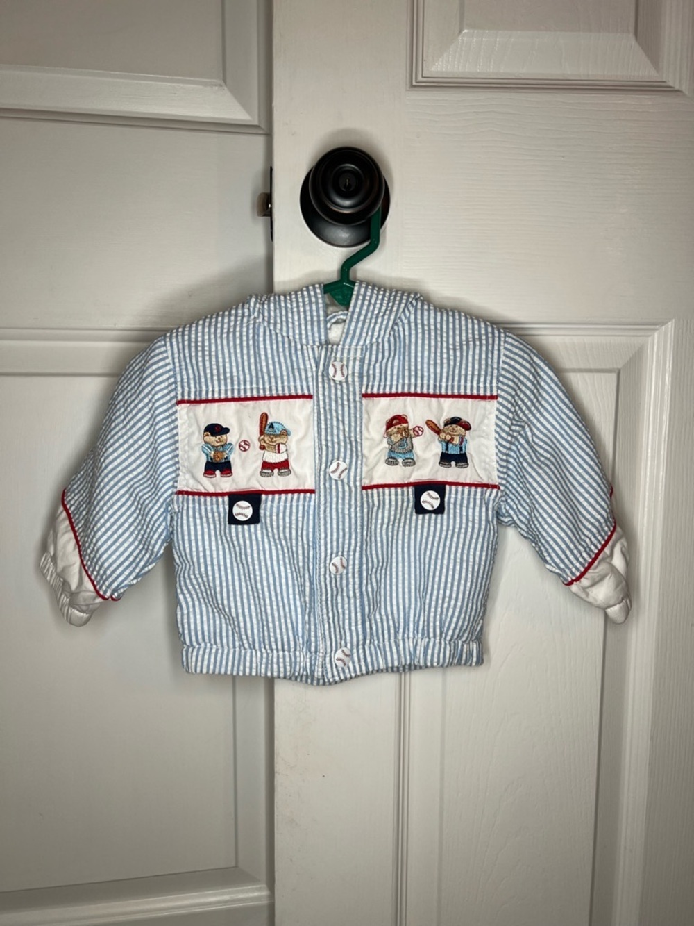 Vtg Casual Time Baby Boy Blue White Seersucker Jacket Baseball Baby Boy 6-9M.
